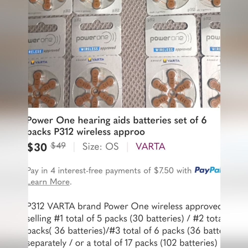 6 packs of 6 batteries a total of (36) Power One Hearing aids batteries P312